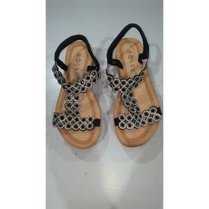 G.N.D. Womens Black Rhinestone T-Strap Wedge Sandals Elastic Slingback Size 9